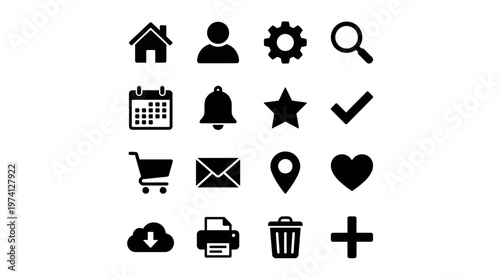 A collection of black silhouette icons representing various everyday functions and objects