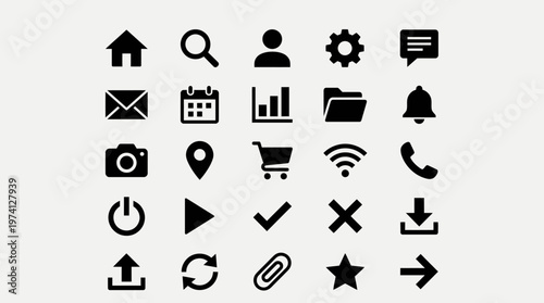 Collection of various black icons representing common digital actions and tools