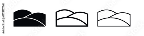 Abstract layered mountain icon set. Modern landscape symbol in various styles with curves.
