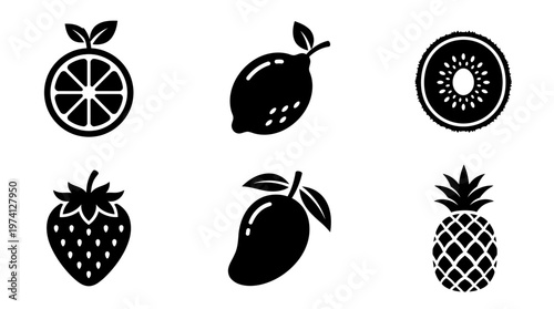 A collection of six vibrant fruit silhouettes including orange, lemon, kiwi, strawberry, mango, and pineapple on a white background, ideal for design use