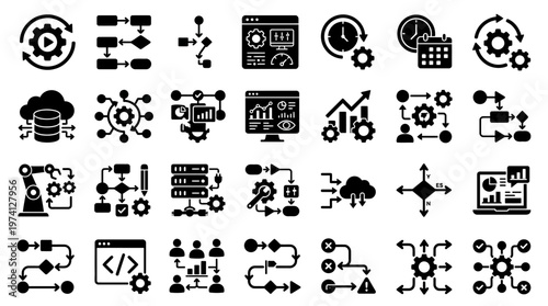 A collection of black icons representing workflow processes, data analysis, and automation in technology