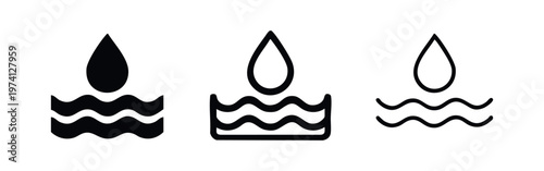 Water drop in a basin icon set. Liquid and hydration symbol in multiple styles, contained waves.