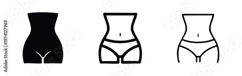 Female torso and waist icon set. Body shape and fitness symbol in multiple styles, slim figure.