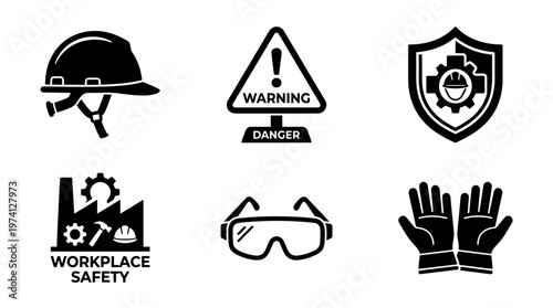 Bild auf Leinwand Safety equipment icons featuring a helmet, warning sign, shield, safety glasses,