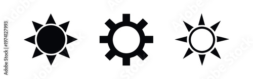 Sun and settings icon set. Brightness and utility symbol in multiple styles, sharp rays.