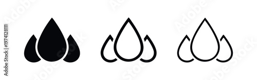 Stylized water droplet icons set in solid, bold outline, and thin outline styles, liquid symbol vector illustration.