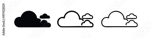Cloud computing and weather icons set with two clouds, in solid, bold outline, and thin outline styles.