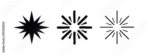 Star and sunburst sparkle icons set in solid, bold outline, and thin outline styles, light effect symbol vector.