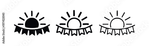 Festive sun and bunting icons set in solid, bold outline, and thin outline styles, celebration and party symbol.