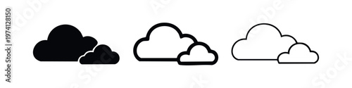 Cloud computing and weather icons set with two clouds, in solid, bold outline, and thin outline styles.