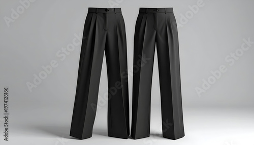 Two black pleated dress pants stand upright against a neutral background