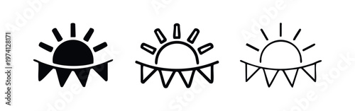 Festive sun and triangular bunting icons set in solid, bold outline, and thin outline styles, celebration and party symbol.