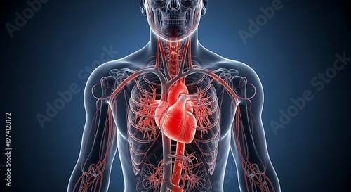 Transparent human body showing cardiovascular system and heart anatomy