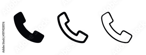 Classic telephone receiver icons set in solid, bold outline, and thin outline styles, communication symbol vector.