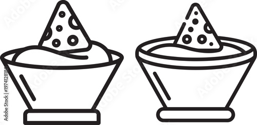 Two black and white nacho chip and dip icons with one chip partially submerged in the dip.