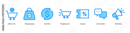 E-Commerce Essentials web banner icon vector illustration featuring Add to Cart, Shopping Bag, Cash Flow, Shopping Cart, Coupon, Conversation, and Marketing.