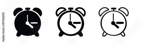 Classic alarm clock icons set in solid, bold outline, and thin outline styles, time and schedule symbol vector.