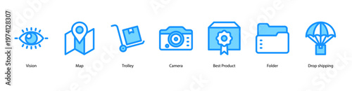 Smart Shopping Journey web banner icon vector illustration featuring Vision, Map, Trolley, Camera, Best Product, Folder, and Drop Shipping.
