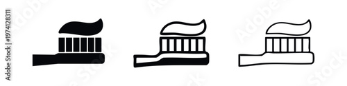 Toothbrush and toothpaste icons set in solid, bold outline, and thin outline styles, dental hygiene symbol vector.