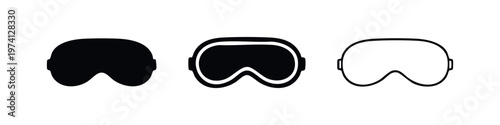 Ski goggles or sleep mask icons set in solid, bold outline, and thin outline styles, eye protection or rest symbol.