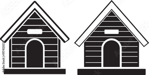 Two black and white dog house icons with peaked roofs and arched doorways.