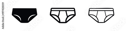 Men's briefs icon set. Underwear for men symbol in flat, glyph, and outline styles. Apparel and clothing vector illustration.