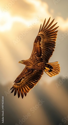 Majestic Golden Eagle Soaring Through the Cloudy Sky.