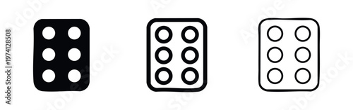 Blister pack pills icon set. Medicine tablet symbols in flat, glyph, and outline styles. Pharmacy and healthcare vector.