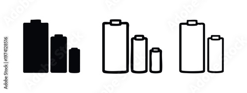 Various battery sizes icon set. Power energy source symbols in flat, glyph, and outline styles. Technology vector.