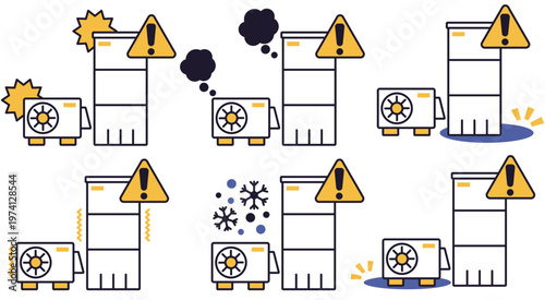 給湯器の色々な故障やトラブルをイメージしたアイコンのイラストセット