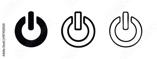 Power on off button icon set. Energy switch control symbols in flat, glyph, and outline styles. UI UX vector.