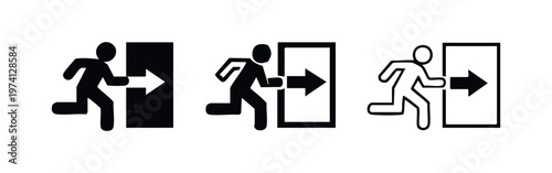 Emergency exit sign icon set. Fire escape symbol with running person and arrow. Safety vector illustration.
