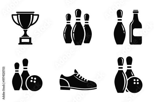 Title bowling icons set trophies pins balls and shoes in silhouette style description a collection of black silhouette icons representing bowling elements