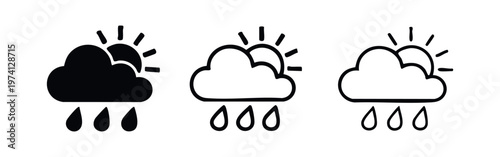 Rain and Sun Weather Icon Collection. Cloud and Rainfall Symbol for Weather Apps and Widgets. Climate Vector Art.