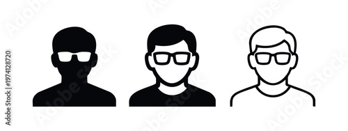 Male User Avatar with Glasses Icon Set. Profile Silhouette Vector for Account Login and User Interface. Person Symbol.