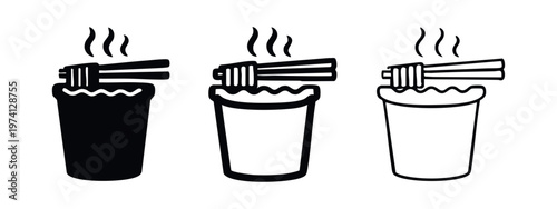 Hot Instant Noodles with Steam Icon Set. Asian Soup Meal Symbol with Chopsticks for Fast Food Menu. Takeaway Vector.