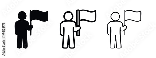 Person Holding Flag Icon Set. Leadership or Patriotism Symbol for Political Events and Demonstrations. Rally Vector.