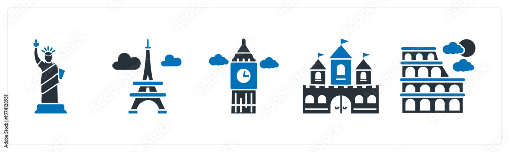 Naklejka premium A set of 5 mix icons as statue of liberty, eiffel tower, clock tower