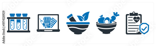 A set of 5 mix icons as test tubes, online pharmacy, ayurvedic medicine