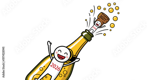 Joyful cartoon character celebrating the arrival of the new year 2026 bursting out of a champagne bottle with cork