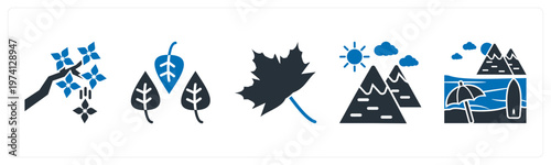 A set of 5 mix icons as tree, leaves, leaf