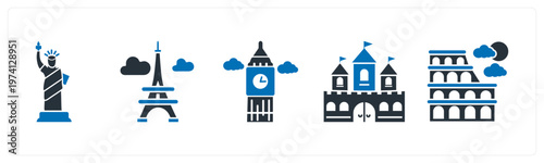 A set of 5 mix icons as statue of liberty, eiffel tower, clock tower