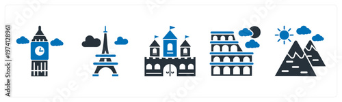 A set of 5 mix icons as clock tower, eiffel tower, fort
