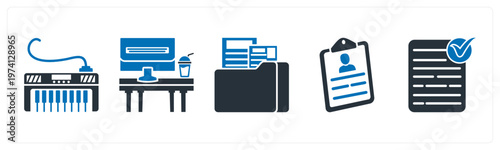 A set of 5 mix icons as piano, office table, folder