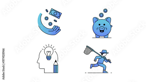 Colorful cartoon icons representing cryptocurrency, trading, and finance concepts Vector