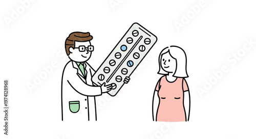 Doctor presenting large blister pack of birth control pills to a smiling woman illustrating reproductive health