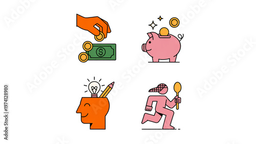 Four cartoon icons representing money, savings, spending, and budgeting concepts Vector