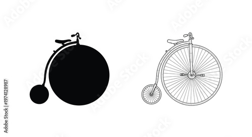 Two vintage high wheel bicycles one solid black and one outlined