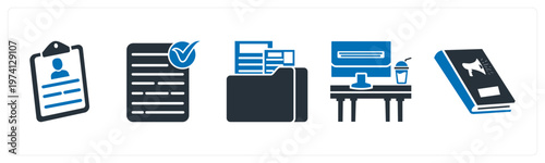 A set of 5 mix icons as clipboard, approved document, folder