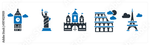 A set of 5 mix icons as clock tower, statue of liberty, fort